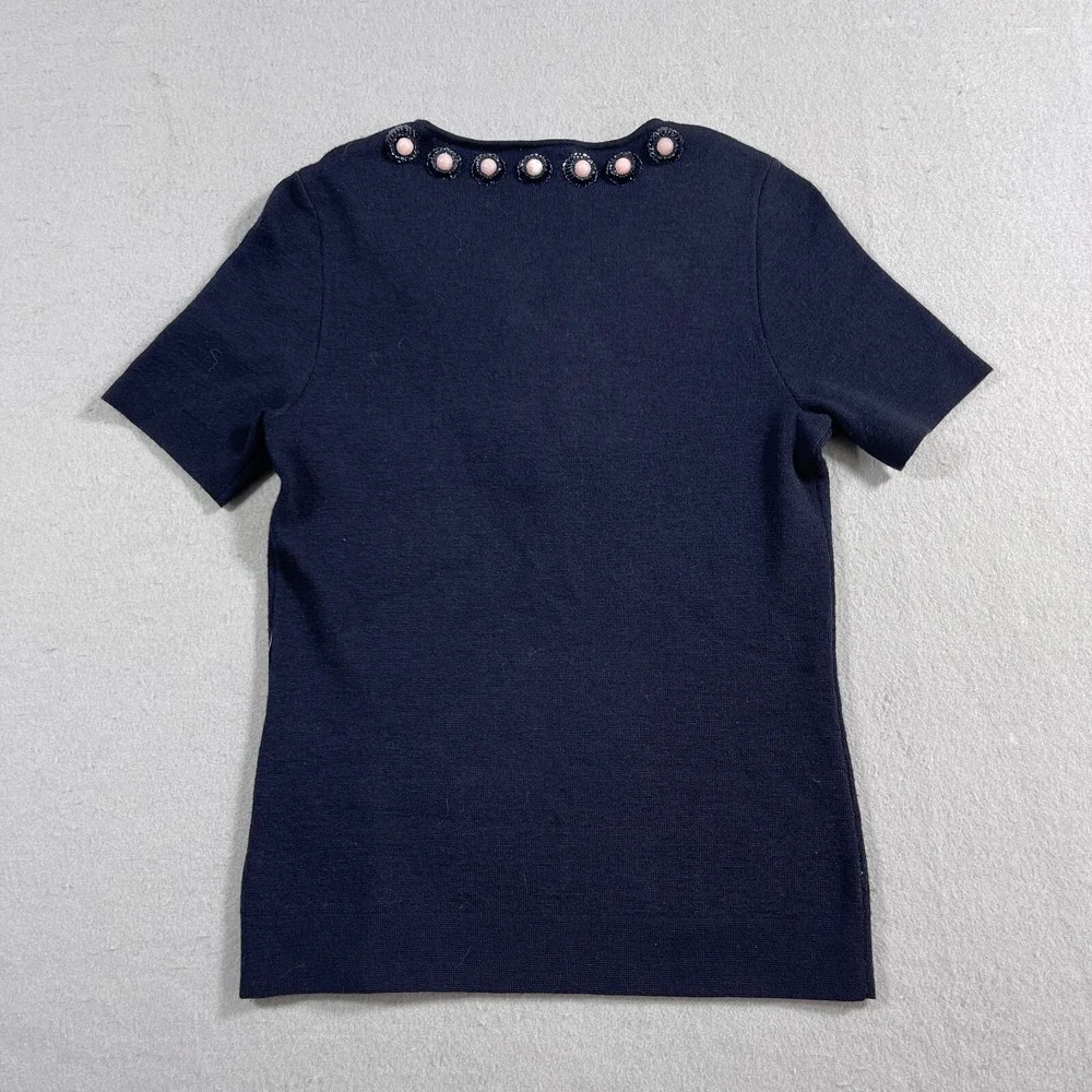 Tory Burch Top Women XS Navy Merino Wool Embellished‎ Short Sleeve Casual Luxury